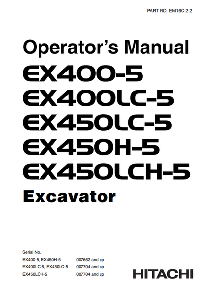 John Deere Hitachi EX400-5 EX450LC-5 Excavator Operator Manual