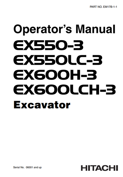 John Deere Hitachi EX550-3 & EX600H-3 Excavator Manual EM17B11