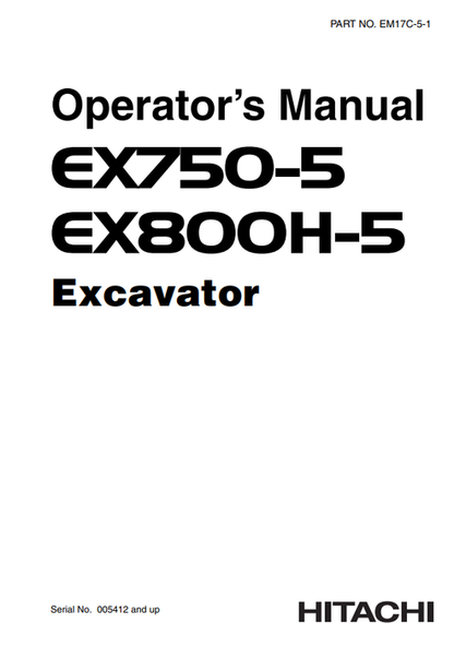 John Deere Hitachi EX750-5 EX800H-5 Excavator Operator Manual