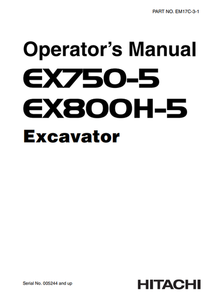 John Deere Hitachi EX750-5 & EX800H-5 Excavator Operator Manual EM17C31