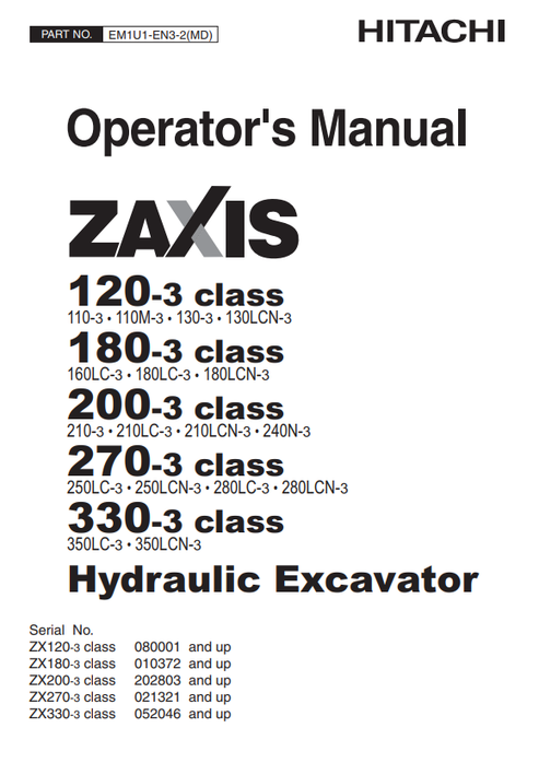 John Deere Hitachi ZAXIS 120-3 to 330-3 CLASS Operator Manual EM1U1EN32