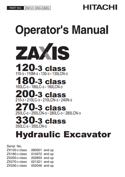 John Deere Hitachi ZAXIS 120-3 to 330-3 CLASS Operator Manual EM1U1EN32