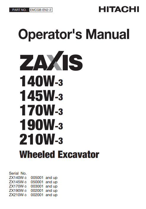 John Deere Hitachi ZAXIS 140W-3, 145W-3, 170W-3, 190W-3, 210W-3 Operator Manual