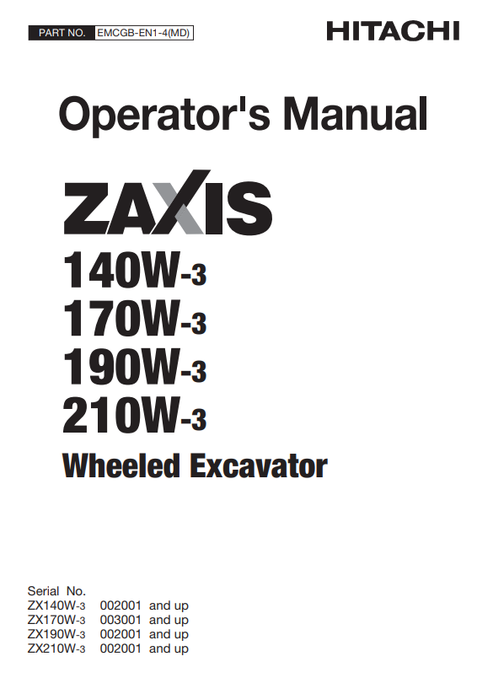 John Deere Hitachi ZAXIS 140W-3 170W-3 190W-3 210W-3 Operator Manual