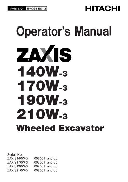 John Deere Hitachi ZAXIS 140W-3 to 210W-3 Wheel Excavator Manual