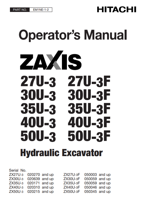 John Deere Hitachi ZAXIS 27U-3 30U-3 35U-3 40U-3 50U-3 Operator Manual