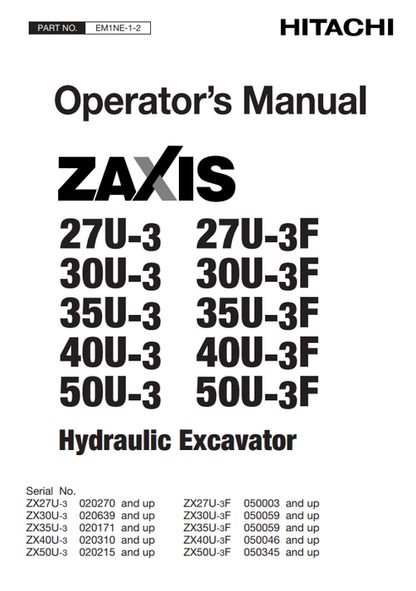 John Deere Hitachi ZAXIS 27U-3 30U-3 35U-3 40U-3 50U-3 Operator Manual