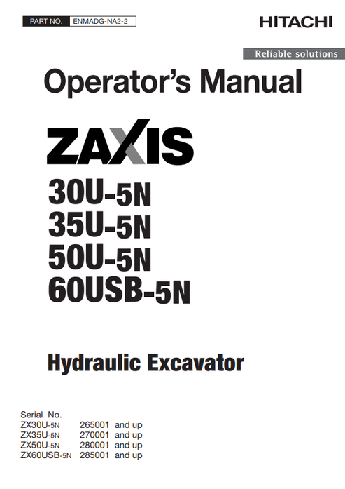 John Deere Hitachi ZAXIS 30U-5N 35U-5N 50U-5N 60USB-5N Operator Manual