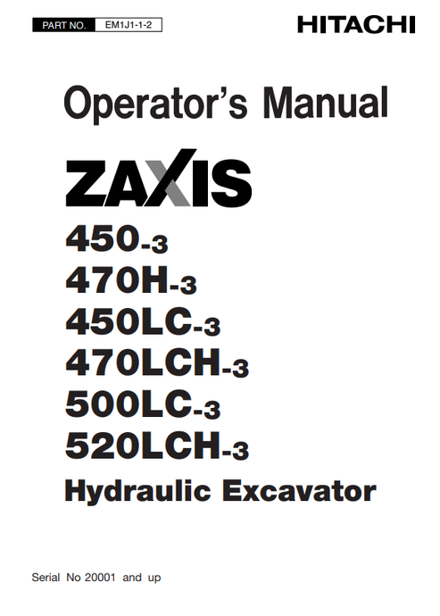 John Deere Hitachi ZAXIS 450-3 to 520LCH-3 Excavator Manual EM1J112