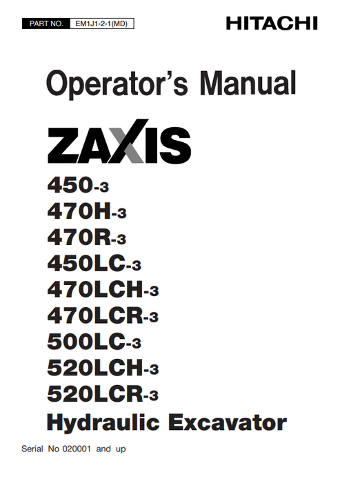 John Deere Hitachi ZAXIS 450-3 to 520LCR-3 Operator Manual EM1J121MD