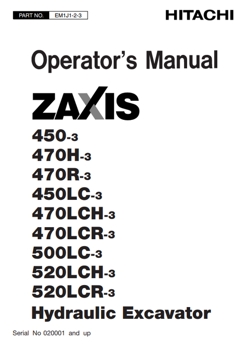 John Deere Hitachi ZAXIS 450-3 to 520LCR-3 Operator Manual EM1J123