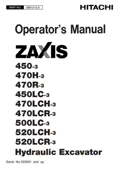 John Deere Hitachi ZAXIS 450-3 to 520LCR-3 Operator Manual EM1J123