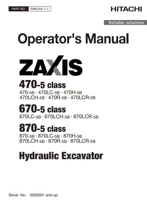 John Deere Hitachi ZAXIS 470-5 670-5 870-5 CLASS Operator Manual