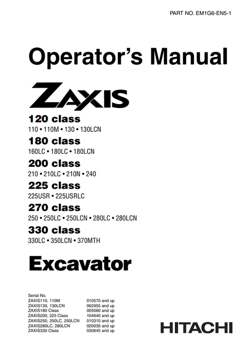 John Deere Hitachi Zaxis 120-330 CLASS Excavator Manual EM1G6EN51