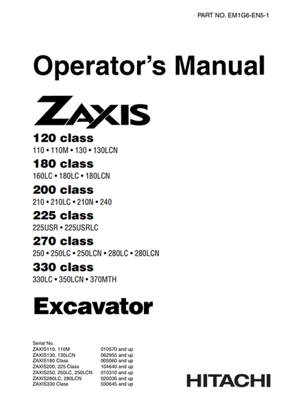 John Deere Hitachi Zaxis 120-330 CLASS Excavator Manual EM1G6EN51