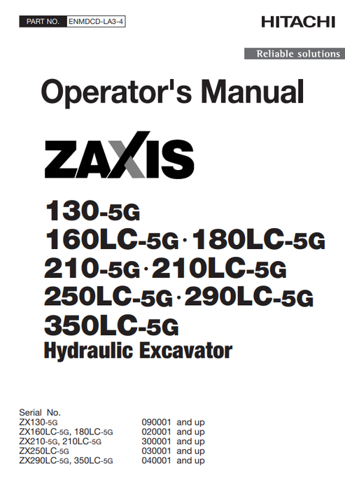John Deere Hitachi Zaxis 130-350LC-5G Excavator Operator Manual