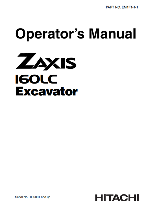 John Deere Hitachi Zaxis 160LC Excavator Manual EM1F111 PDF