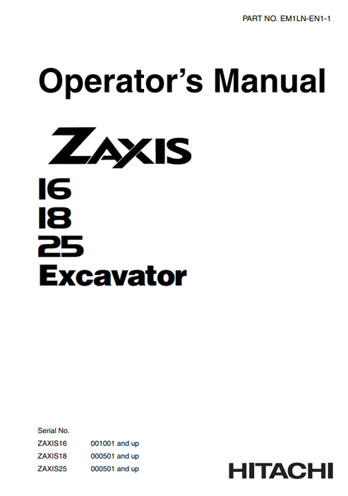 John Deere Hitachi Zaxis 16 18 25 Excavator Manual EM1LNEN11