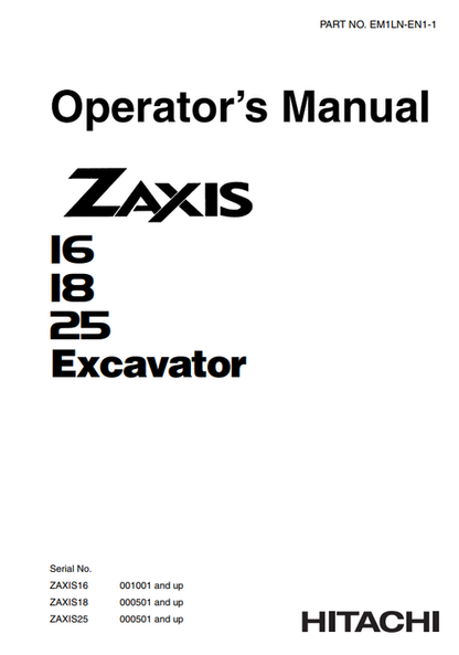 John Deere Hitachi Zaxis 16 18 25 Excavator Manual EM1LNEN11