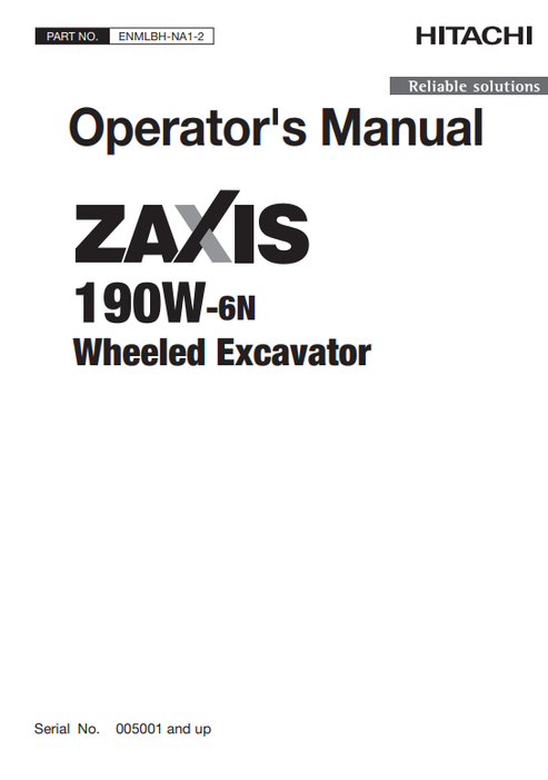 John Deere Hitachi Zaxis 190W-6N Wheeled Excavator Operator Manual
