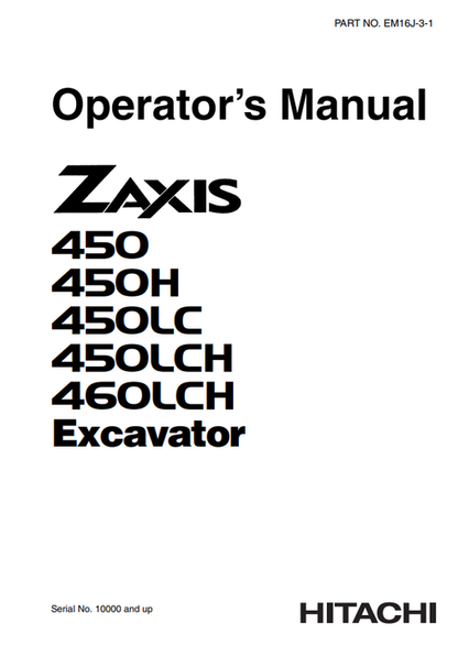 John Deere Hitachi Zaxis 450 450H 450LC 450LCH 460LCH Manual