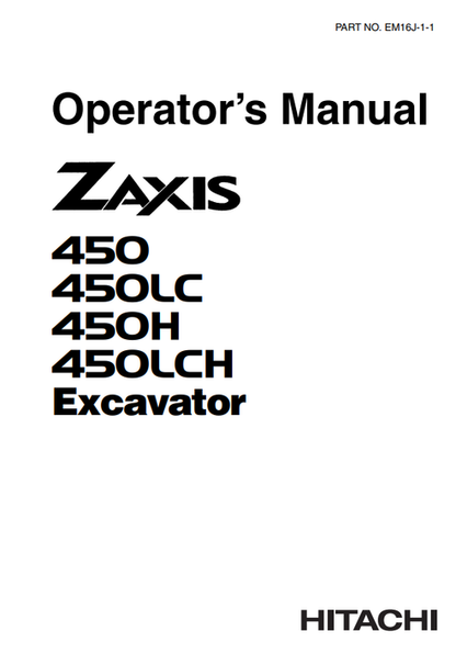 John Deere Hitachi Zaxis 450 450LC 450H 450LCH Operator Manual