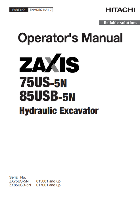 John Deere Hitachi Zaxis 75US-5N 85USB-5N Excavator Manual