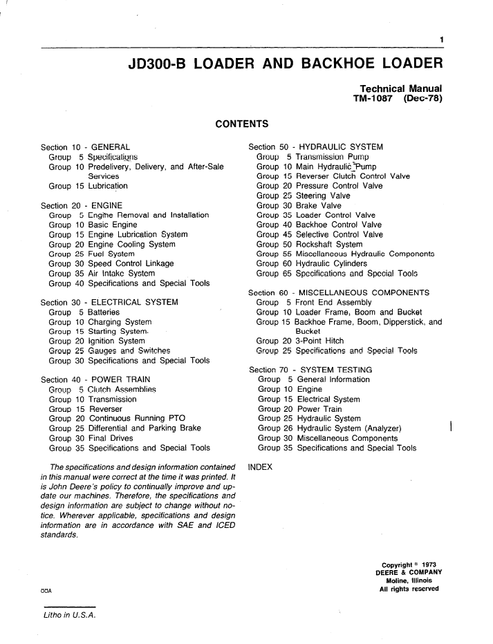 John Deere JD300-B Backhoe Loader Service & Repair Manual TM1087