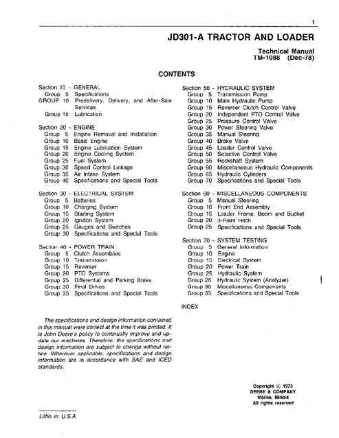John Deere JD301-A Tractor Loader Technical Repair Manual TM1088