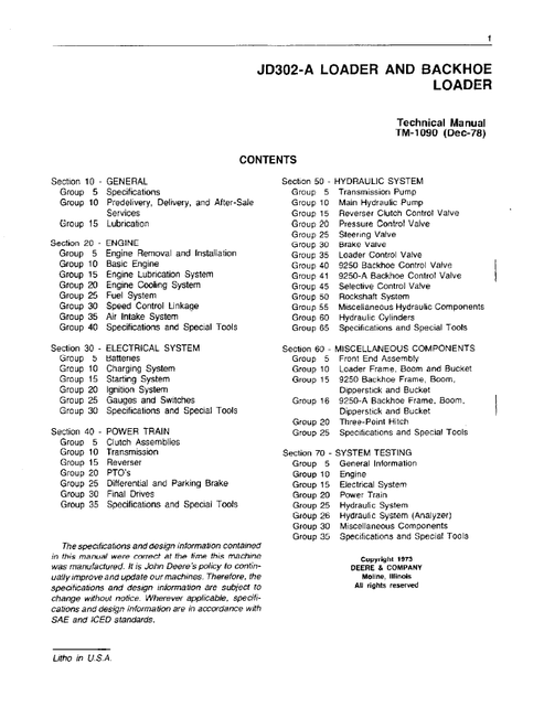 John Deere JD302-A Backhoe Loader Service & Repair Manual TM1090