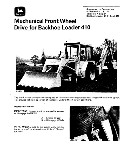 John Deere JD310 JD410 Backhoe Loader Service & Operator Manual OML32774