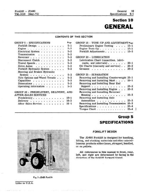 John Deere JD480 Forklift Maintenance & Technical Manual PDF