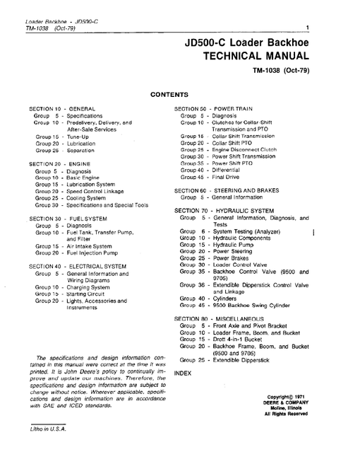John Deere JD500-C Backhoe Loader Repair & Maintenance Manual TM1038
