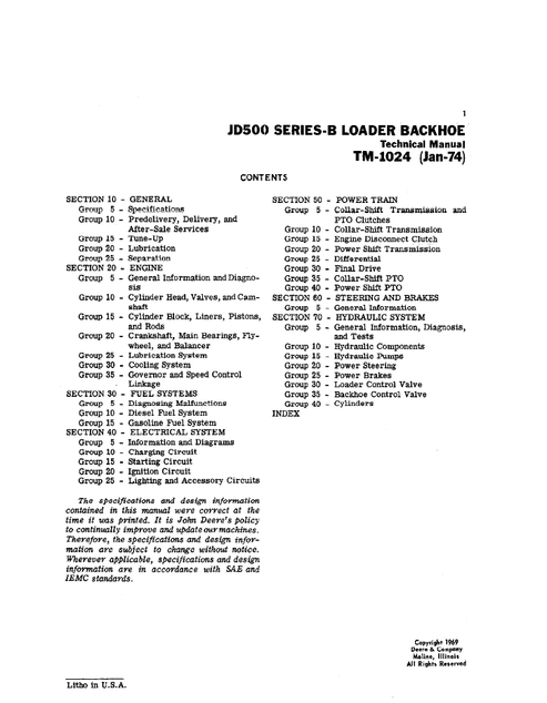 John Deere JD500 Series-B Backhoe Loader Repair & Maintenance Manual TM1024