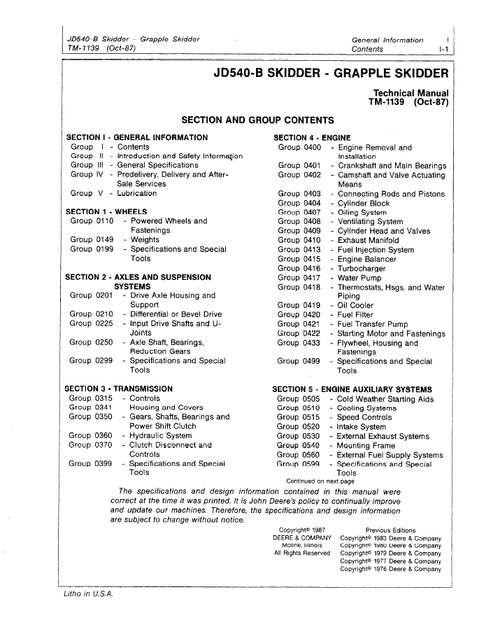 John Deere JD540-B Skidder Technical Service Manual TM1139 PDF