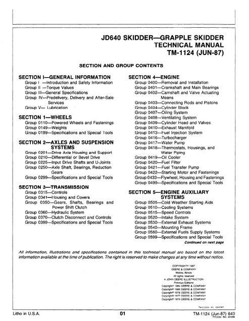 John Deere JD640 Skidder Service Repair Manual TM1124 PDF
