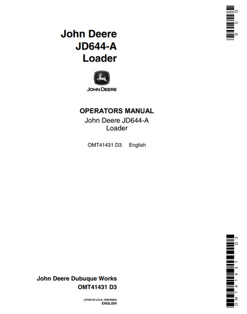 John Deere JD644-A Loader Operator Manual OMT41431 PDF