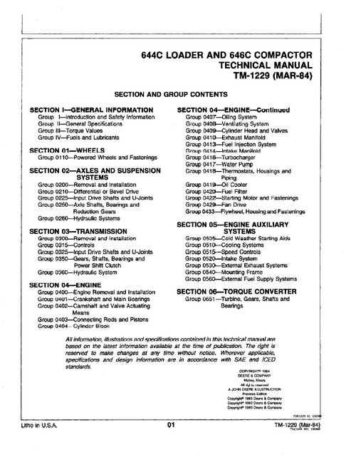 John Deere JD644C Loader JD646C Compactor Service Manual TM1229