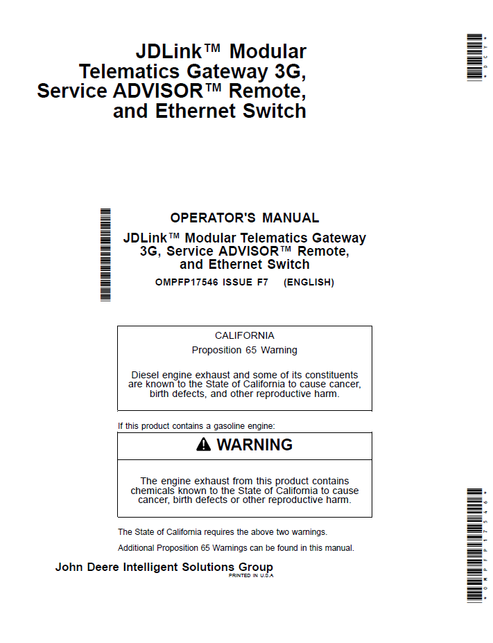 John Deere JDLink 3G Telematic Gateway Operator Manual OMPFP17546