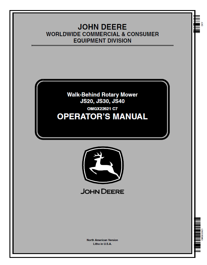 John Deere JS20, JS30, JS40 Walk-Behind Rotary Mower Operator Manual OMGX22621 PDF
