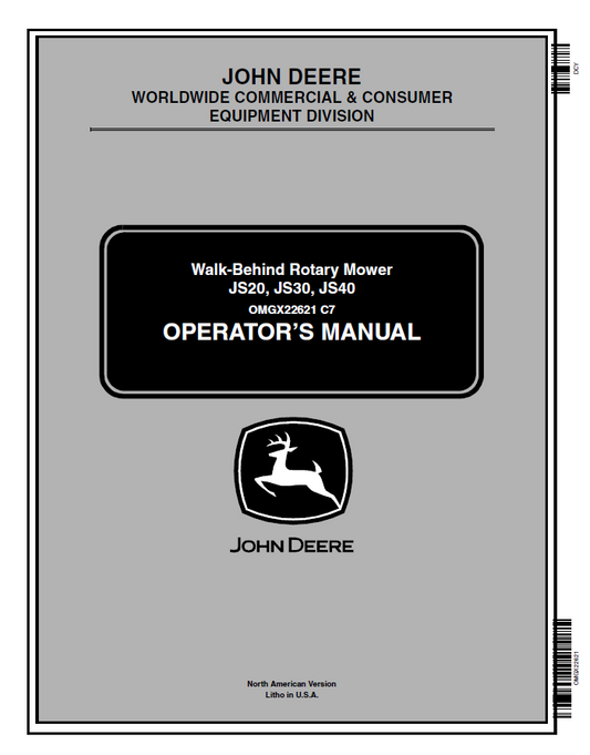 John Deere JS20, JS30, JS40 Walk-Behind Rotary Mower Operator Manual OMGX22621 PDF