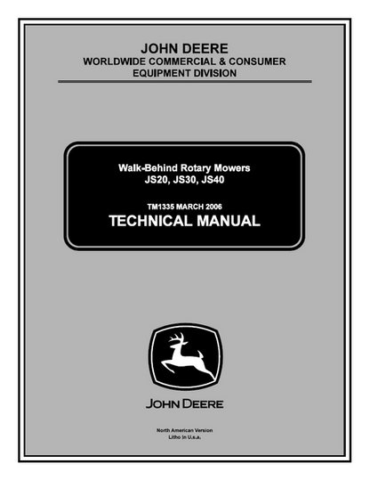 John Deere JS20 JS30 JS40 Walk-Behind Rotary Mower Technical Manual TM1335