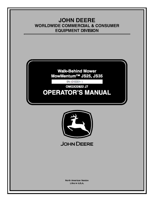 John Deere JS25, JS35 Walk-Behind Mower MowMentum Operator Manual OMGX22822 PDF