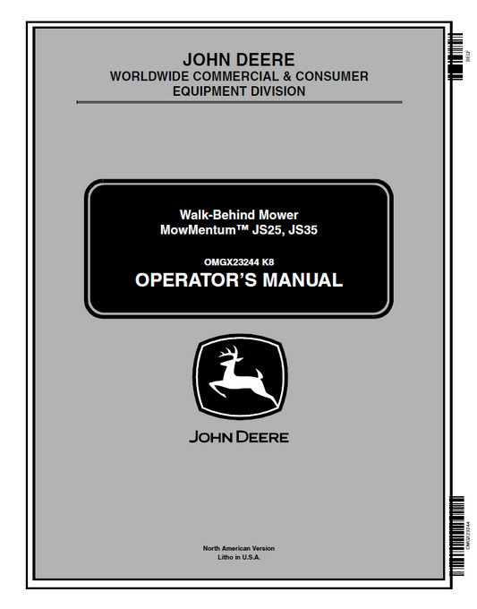 John Deere JS25, JS35 Walk-Behind Mower MowMentum Operator Manual OMGX23244 PDF