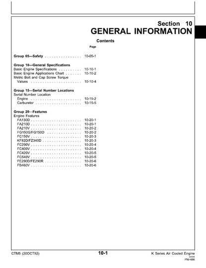 John Deere K Series Air-Cooled Engine Repair Manual CTM5
