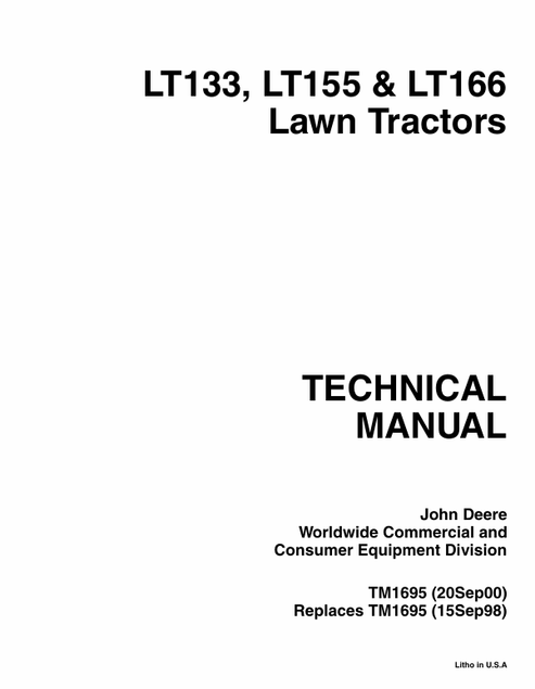 John Deere LT133 LT155 LT166 Lawn Tractor Technical Manual TM1695