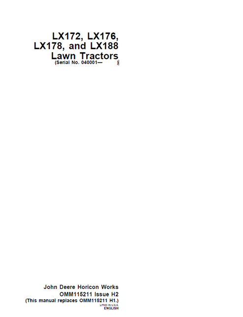John Deere LX172 LX176 LX178 LX188 Lawn Tractor Operator Manual