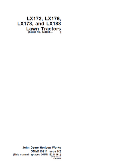 John Deere LX172 LX176 LX178 LX188 Lawn Tractor Operator Manual