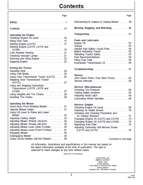 John Deere LX172 LX176 LX178 LX188 Operator & Maintenance Manual PDF