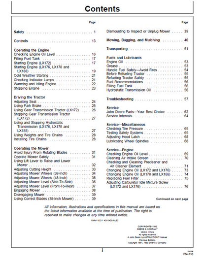 John Deere LX172 LX176 LX178 LX188 Operator & Maintenance Manual PDF